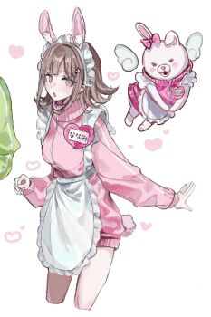 1girl :o alternate_costume animal_ears blush bow brown_hair cropped_legs danganronpa_(series) danganronpa_2:_goodbye_despair ear_bow heart hinata_hajime jacket long_sleeves maid_headdress medium_hair nanami_chiaki pik_ye pink_bow pink_eyes pink_jacket rabbit_ears solo_focus usami_(danganronpa)