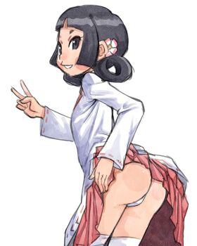 1girl artist_request ass black_eyes black_hair breasts capcom clothes_lift from_behind hand_on_own_hip highres huge_ass jasmine_(mega_man) legs lifting_own_clothes looking_at_viewer looking_back medium_hair mega_man_(series) mega_man_battle_network parted_lips skirt skirt_lift small_breasts smile solo source_request teeth thighs thong v