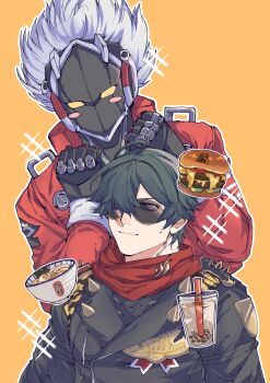 2boys absurdres ahoge artificial_eye behind_another billy_kid blush bowl bubble_tea burger clenched_hands closed_mouth clothed_robot commentary_request food green_eyes green_hair hair_over_one_eye highres humanoid_robot jacket leather leather_jacket light_smile lighter_(zenless_zone_zero) looking_at_another male_focus mechanical_arms mechanical_eye mechanical_hands multiple_boys noodles ramen red_jacket red_scarf robot robot_boy scarf short_hair shoulder_spikes spiked_jacket spikes sunglasses sweatdrop upper_body uq8ogapovn38885 v-shaped_eyebrows white_hair yellow_background yellow_eyes zenless_zone_zero