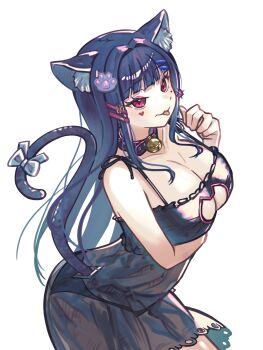 1girl absurdres akuma_nihmune akuma_nihmune_(nyami) animal_ears black_negligee black_nightgown black_panties breasts cacaobath cat_cutout cat_ears cat_lingerie cat_tail cleavage_cutout clothing_cutout commentary facial_mark frilled_nightgown hair_ornament heart heart_facial_mark highres indie_virtual_youtuber large_breasts lingerie long_hair negligee nightgown panties paw_hair_ornament solo tail tongue underwear untranslatable_commentary virtual_youtuber white_background