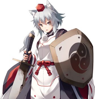 1girl alternate_costume animal_ear_fluff animal_ears black_gloves breasts clothing_request eho_(icbm) fingerless_gloves game_cg gloves grey_hair hat holding holding_shield holding_sword holding_weapon inubashiri_momiji labyrinth_of_touhou_(series) labyrinth_of_touhou_tri looking_at_viewer medium_hair non-web_source official_art open_mouth pom_pom_(clothes) ribbon-trimmed_sleeves ribbon_trim shield small_breasts solo sword tokin_hat touhou transparent_background weapon wolf_ears wolf_girl yellow_eyes