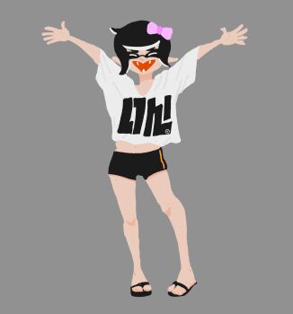 1girl closed_eyes highres inkling inkling_girl inkling_player_character mini_woomy nintendo smile solo splatoon_(series) splatoon_1 splatoon_2 splatoon_3 squid tentacle_hair v-mon woomy