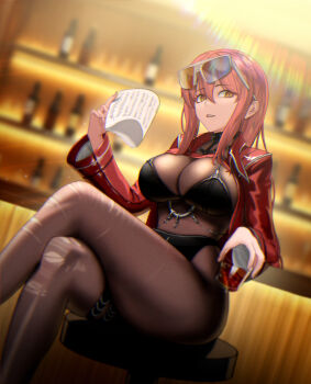 1girl absurdres angrycat_(tkuw2438) bar_(place) bar_stool blurry blurry_background bodystocking breasts cleavage crossed_legs cup eyewear_on_head feet_out_of_frame gloves goddess_of_victory:_nikke hair_between_eyes highres holding holding_cup holding_paper indoors jacket large_breasts long_hair long_sleeves open_clothes open_jacket paper red_hair sitting solo stool torn_bodystocking torn_clothes volume_(nikke) white_gloves yellow_eyes