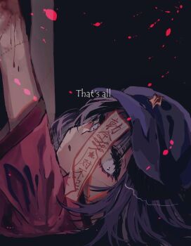 1girl black_background black_hair commentary_request english_text hat hat_ornament jiangshi looking_at_viewer lying miyako_yoshika newsboy_cap ofuda on_back one-hour_drawing_challenge open_mouth purple_eyes purple_hair purple_hat red_shirt shinjitsu_no_kuchi shirt short_hair short_sleeves solo star_(symbol) star_hat_ornament stitches touhou upper_body