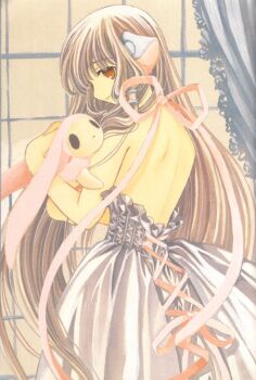 00s 1girl back bare_back chii chobits clamp doll dress female_focus long_hair pda_(chobits) ribbon solo