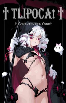 Rule 34 | 1girl, absurdres, bikini, black background, black bikini, black cape, black cloak, breasts, cape, cloak, commentary, cowboy shot, drill hair, english text, expressionless, extra eyes, facial mark, ghost, gloves, hair between eyes, haoli mei an, highres, holding, holding scythe, holding weapon, hood, hooded cloak, looking at viewer, navel, red eyes, scythe, simple background, small breasts, solo, stomach, swimsuit, tlipoca, twin drills, untranslatable commentary, weapon, white gloves, white hair, yog-sothoth's yard