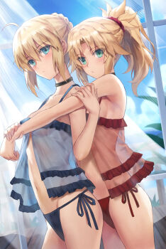 2girls absurdres ahoge alternate_costume artoria_pendragon_(fate) babydoll bare_shoulders blonde_hair blue_panties blue_ribbon blue_sky blush braid breasts bun_with_braided_base choker closed_mouth expressionless fate/apocrypha fate/grand_order fate/stay_night fate_(series) green_eyes hair_bun hair_ribbon highres long_hair looking_at_viewer lowleg lowleg_panties mordred_(fate) mordred_(fate/apocrypha) mother_and_daughter multiple_girls navel nightgown panties parted_bangs ponytail red_panties ribbon saber_(fate) sidelocks sky small_breasts stomach string_panties swimsuit thighs tonee underwear