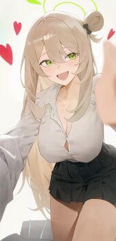1girl absurdres black_bow black_skirt blonde_hair blue_archive blurry blurry_foreground bow breasts button_gap cleavage cowboy_shot depth_of_field dress_shirt green_eyes green_halo hair_bow hair_rings halo heart highres huge_breasts light_blush long_hair looking_at_viewer miniskirt no_jacket nonomi_(blue_archive) open_mouth partially_unbuttoned pleated_skirt reaching reaching_towards_viewer shirt simple_background single_hair_ring skirt sla2h_help smile white_background white_shirt