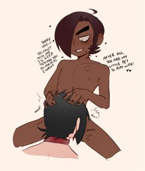2boys ahoge bite_mark bite_mark_on_collarbone black_eyeliner black_eyes black_hair blush brown_hair brown_nails bruise bruise_on_neck collar collarbone collared_shirt commentary completely_nude dark-skinned_male dark_skin ear_piercing english_commentary existenc3 eyeliner fellatio flirting furrowed_brow gideon_graves hair_over_one_eye half-closed_eyes hands_on_another's_head heart implied_fellatio injury legs_apart makeup male_focus matthew_patel moaning multiple_boys nail_polish nipples nude oral piercing red_collar scott_pilgrim_(series) scott_pilgrim_takes_off shirt short_hair smile smug speech_bubble sweatdrop teasing teeth white_background yaoi