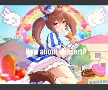 1girl animal_ears blue_dress blue_hair blurry blurry_foreground bodysuit breasts brown_eyes brown_hair bus cake carrot_cake commentary depth_of_field donut double-parted_bangs dress english_text food frilled_skirt frills giant giantess hair_between_eyes hair_bobbles hair_ornament hat highres hishi_akebono_(buono_alla_moda)_(umamusume) hishi_akebono_(umamusume) holding holding_ice_cream_cone horse_ears horse_girl horse_tail house ice_cream_cone large_breasts licking long_hair looking_at_viewer motor_vehicle outdoors pillbox_hat pilokey puffy_short_sleeves puffy_sleeves rainbow ribbed_socks school_bus short_sleeves sitting skirt socks solo striped_clothes striped_dress tail tail_censor tongue tongue_out twintails two-tone_dress two-tone_headwear umamusume vertical-striped_clothes vertical-striped_dress white_bodysuit white_dress white_hat white_socks yokozuwari