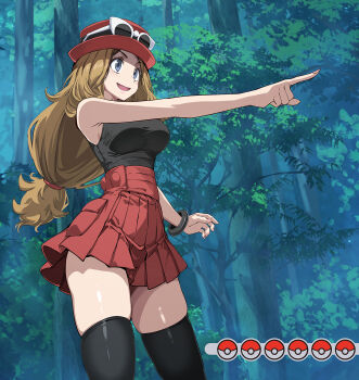 1girl :d black_tank_top black_thighhighs blue_eyes bracelet breasts brown_hair eyewear_on_headwear forest from_side hat highres jewelry large_breasts long_hair looking_ahead low-tied_long_hair nature nintendo open_mouth pointing pointing_forward poke_ball poke_ball_(basic) pokemon pokemon_xy red_hat red_skirt serena_(pokemon) skirt smile solo tank_top thighhighs thighs tree tsukishiro_saika very_long_hair white-framed_eyewear zettai_ryouiki