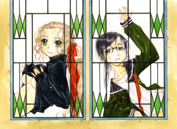 Rule 34 | 2girls, black hair, blonde hair, blue eyes, breasts, clothes lift, commentary request, flat chest, glasses, green eyes, highres, long hair, looking at viewer, medium breasts, multiple girls, nakamura hirofumi, open clothes, open shirt, original, painting (medium), parted lips, sailor collar, sweater, sweater lift, traditional media, turtleneck, turtleneck sweater, underboob, wavy hair, window