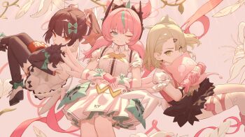 3girls absurdres aqua_hair aqua_streaks aria_(zenless_zone_zero) arm_warmers bare_shoulders black_bow black_skirt blue_eyes blunt_bangs bow bowtie breasts brown_hair center_frills closed_mouth collarbone commentary covered_mouth cowboy_shot detached_sleeves dress fingerless_gloves floating flower frilled_sleeves frills fur-trimmed_skirt fur_trim gloves green_bow green_bowtie green_eyes green_hair hair_bow hair_ornament hand_up heart heart_hair_ornament highres holding komodo layered_dress long_hair looking_at_viewer multicolored_hair multiple_girls multiple_thigh_straps nangong_yu one_eye_closed pink_arm_warmers pink_background pink_bag pink_gloves pink_hair pink_ribbon red_eyes ribbon shirt short_hair short_twintails simple_background sitting skirt small_breasts solo streaked_hair striped_arm_warmers sunna_(zenless_zone_zero) symbol-only_commentary thigh_strap twintails white_dress white_flower white_shirt white_wings winged_bag wings zenless_zone_zero