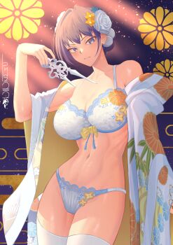1girl blue_eyes blue_hair bra breasts commentary commentary_request english_commentary floral_print floral_print_kimono flower furisode hair_flower hair_intakes hair_ornament hand_up highres holding hololive hololive_english japanese_clothes kimono lace lace-trimmed_bra lace-trimmed_panties lace_trim large_breasts lingerie looking_at_viewer mixed-language_commentary off_shoulder official_alternate_costume official_alternate_hairstyle open_clothes open_kimono ouro_kronii ouro_kronii_(new_year) panties parted_lips pawz212 print_kimono short_hair solo stomach thighhighs underwear virtual_youtuber white_bra white_kimono white_panties white_thighhighs wide_sleeves