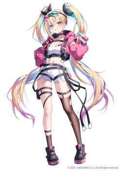 1girl absurdres aqua_hair asymmetrical_legwear belt black_choker black_shoes blonde_hair breasts brown_socks brown_thighhighs character_request choker cleavage crop_top cropped_jacket full_body goggles goggles_on_head grin hair_ribbon hand_on_own_hip highres holding holding_spray_can hood hood_down hooded_jacket jacket large_breasts long_hair long_sleeves looking_at_viewer midriff multicolored_hair navel official_art open_clothes open_jacket pink_jacket pump_it_up red_eyes ribbon shirt shoes short_shorts shorts simple_background single_sock single_thighhigh smile socks solo spray_can standing stomach streaked_hair thigh_strap thighhighs thighs torn_clothes torn_thighhighs two-tone_hair ugwa very_long_hair white_background white_shirt white_shorts