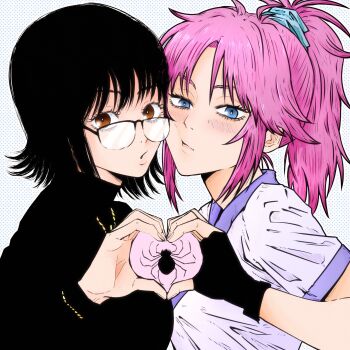 2girls :o black_gloves black_hair blue_eyes breasts brown_eyes bug cheek-to-cheek commentary fingerless_gloves glasses gloves heads_together heart heart_hands heart_hands_duo highres hunter_x_hunter isuke_(isuke_now) japanese_clothes large_breasts machi_komacine medium_hair multiple_girls pink_hair shizuku_murasaki spider turtleneck