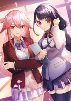 2girls alternate_costume alternate_universe animal_ears blunt_bangs blurry bow bowtie closed_mouth collared_jacket commentary couple depth_of_field fox_ears fox_girl genshin_impact hair_between_eyes head_tilt highres indoors jacket light_smile long_sleeves looking_at_viewer looking_to_the_side mole mole_under_eye multiple_girls natsuki_yoru open_clothes open_jacket parted_lips pink_hair purple_eyes purple_hair raiden_shogun school_uniform skirt thighhighs yae_miko yae_miko_(fox) yuri
