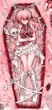 1girl absurdres bone boots bow candle coffin crown heart heterochromia highres long_hair octopus pink_eyes pink_hair red_eyes ribbon shell skirt skull smile solo white_boots white_bow white_skirt yumeko_(devilxkid)