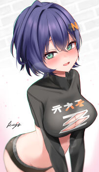 1girl absurdres belle_(zenless_zone_zero) black_shirt black_shorts blue_eyes blue_hair blush breasts commentary_request hair_ornament highres kaju_paint large_breasts letter_hair_ornament looking_at_viewer medium_hair open_mouth shirt shorts smile solo white_background zenless_zone_zero