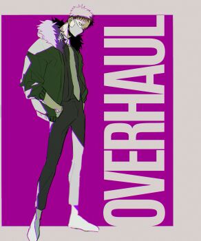 1boy absurdres azisaiharumaki56 black_pants boku_no_hero_academia border character_name commentary_request full_body green_jacket grey_border hands_in_pockets highres jacket long_sleeves looking_at_viewer male_focus mask mouth_mask necktie overhaul_(boku_no_hero_academia) pants short_hair solo standing white_necktie