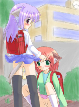 2girls animal_ear_fluff animal_ears artist_request backpack bag black_thighhighs blue_shirt blue_skirt blush brown_eyes building bush cat_ears cat_girl cat_tail clock clothes_lift collarbone cup drinking_glass embarrassed flat_chest grass green_eyes green_jacket holding holding_cup jacket lifting_own_clothes loli long_hair long_sleeves looking_at_pussy looking_at_viewer looking_back multiple_girls no_panties open_mouth parted_lips pee peeing peeing_in_cup peeing_together pink_hair pink_skirt purple_hair pussy randoseru red_bag school school_uniform shirt short_hair skirt skirt_lift sky socks squatting standing tail teeth thighhighs tree uncensored white_shirt white_socks yuri