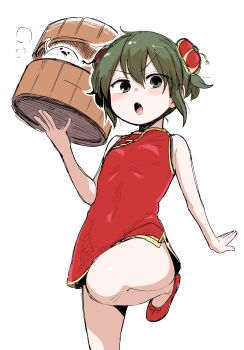 1girl absurdres alternate_hairstyle artist_self-insert blush breasts bun_cover china_dress chinese_clothes commentary covered_erect_nipples double_bun dress fang green_eyes green_hair highres igarashi_futaba miniskirt red_dress red_footwear senpai_ga_uzai_kouhai_no_hanashi shiromanta skirt sleeveless small_breasts thighs v-shaped_eyebrows