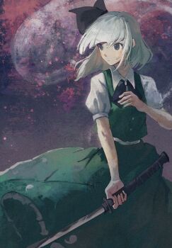 1girl blunt_bangs buttons closed_mouth collared_shirt commentary_request cowboy_shot faux_traditional_media frilled_skirt frills ge_dazuo green_eyes green_skirt green_vest highres hitodama hitodama_print holding holding_sword holding_weapon katana konpaku_youmu konpaku_youmu_(ghost) medium_hair pink_background puffy_short_sleeves puffy_sleeves purple_background shirt short_sleeves skirt skirt_set sword touhou vest weapon white_hair white_shirt