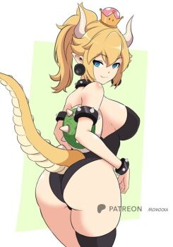 1girl armlet ass black_leotard black_thighhighs blonde_hair blue_eyes bowsette bracelet breasts collar crown earrings fang from_behind high_ponytail horns jewelry large_breasts leotard long_hair looking_at_viewer looking_back mario_(series) momocka-art new_super_mario_bros._u_deluxe nintendo pointy_ears ponytail single_thighhigh smile spiked_armlet spiked_bracelet spiked_collar spiked_shell spikes standing super_crown tail thick_thighs thighhighs thighs turtle_shell
