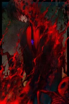 1boy absurdres black_hair black_jacket black_necktie black_pants blood blood_on_face burning chinese_commentary closed_mouth commentary_request cowboy_shot guro highres jacket kc-rk_sl male_focus necktie pants red_shirt shirt short_hair skeleton solo touqi_guaitan zhu_yaoxing