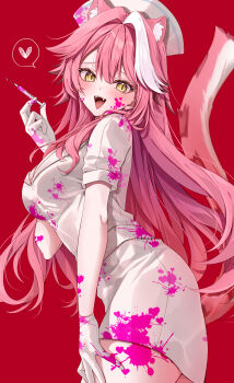 1girl :d absurdres animal_ears breasts center-flap_bangs cleavage commentary double-parted_bangs dress english_commentary extra_ears fangs from_side gloves hair_between_eyes hand_up hat heart highres holding holding_syringe hololive hololive_english large_breasts long_hair looking_at_viewer mogu_(au1127) multicolored_hair nurse nurse_cap open_mouth paint_splatter paint_splatter_on_face panther_ears panther_girl panther_tail pink_hair raora_panthera red_background short_sleeves sidelocks simple_background smile solo spoken_heart streaked_hair syringe tail teeth upper_teeth_only very_long_hair virtual_youtuber white_dress white_gloves white_hat white_streaks yellow_eyes