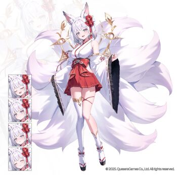 1girl animal_ears asymmetrical_legwear bare_shoulders breasts clothing_cutout detached_sleeves embarrassed flower fox_ears fox_girl fox_tail full_body gold_trim grey_eyes hair_flower hair_ornament hakama hakama_skirt highres hip_vent japanese_clothes kalpa:_cosmic_symphony kitsune kyuubi large_breasts looking_at_viewer miko multiple_expressions multiple_tails official_art open_mouth platform_sandals pleated_skirt pout red_skirt sandals shirt short_hair single_sock single_thighhigh skirt sleeveless sleeveless_shirt smile socks solo tail thighhighs ugwa white_hair white_shirt white_thighhighs wide_sleeves zouri