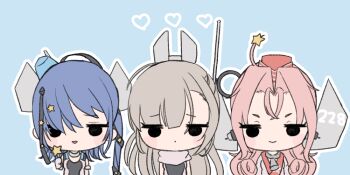 Rule 34 | 3girls, bikini, blue background, blue hair, candy, coat, drum (kancolle), food, garrison cap, grey hair, hat, headgear, holding, holding candy, holding food, holding lollipop, jitome, kantai collection, lollipop, multiple girls, pink hair, red hat, scamp (kancolle), scarf, side-tie bikini bottom, star (symbol), swept bangs, swimsuit, wahoo (kancolle), yori (gogoyoripi)