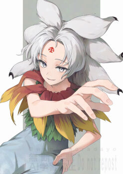 Rule 34 | 1girl, cowboy shot, dress, facial mark, feather necklace, fingernails, forehead mark, green leaf, grey eyes, hand on own hip, hand up, happy, highres, houjuu chimi, jewelry, leaf clothing, long hair, necklace, parted lips, red leaf, sleeveless, sleeveless dress, solo, touhou, wanko sora, white hair