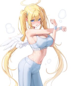 1girl angel_wings armpit_crease bare_shoulders blonde_hair blue_eyes breasts cleavage crop_top cross-body_stretch halo highres kira_(kira78718520) large_breasts leggings long_hair looking_at_viewer midriff navel open_mouth original simple_background sleeveless solo sports_bra stomach sweatband twintails very_long_hair white_background white_leggings white_sports_bra wings