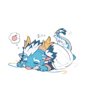 1boy :p absurdres animal_ear_fluff aqua_hair aqua_skin bara beard chibi colored_skin dragon_boy dragon_horns facial_hair full_beard full_body furry furry_male highres horns long_mustache male_focus mature_male motion_lines multicolored_hair mustache peach_emoji qinglong_(housamo) solo speech_bubble tail tail_wagging thick_beard thought_bubble tokyo_houkago_summoners tongue tongue_out two-tone_beard two-tone_hair white_background yed_(yedsilent)