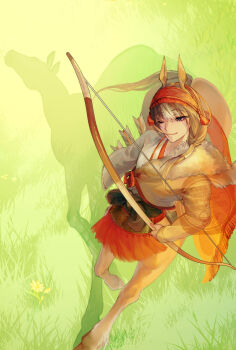 1girl ;) animal_ears blue_eyes bow_(weapon) brown_hair centaur chinese_zodiac closed_mouth commentary_request different_shadow from_above full_body fur_trim grass hair_between_eyes hair_over_shoulder hairband highres holding holding_bow_(weapon) holding_weapon hooves horse_ears horse_tail japanese_clothes kimono long_hair monster_girl multicolored_hair multiple_legs one_eye_closed original red_hairband sato_(sato17155900) shadow sidelocks smile solo standing standing_on_three_legs tail taur two-tone_hair watermark weapon white_hair white_kimono year_of_the_horse