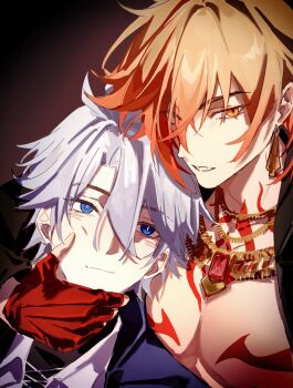 Rule 34 | 2boys, absurdres, antenna hair, bare pectorals, black jacket, black shirt, blonde hair, blue coat, blue eyes, braid, chest tattoo, chinese commentary, coat, collared shirt, commentary request, earrings, facial tattoo, gem, gold earrings, gold necklace, gradient hair, hand on another's face, highres, honkai: star rail, honkai (series), jacket, jewelry, male focus, medium hair, multicolored hair, multiple boys, mydei (honkai: star rail), mydei (nylon japan) (honkai: star rail), necklace, official alternate costume, open clothes, open coat, open jacket, parted bangs, pectorals, phainon (honkai: star rail), phainon (nylon japan) (honkai: star rail), red gem, red hair, red tattoo, shirt, short hair, side braid, tattoo, white hair, white shirt, xinghezhijianstar, yaoi, yellow eyes