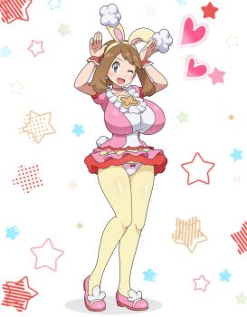 1girl absurdres adapted_costume animal_ears arms_up breasts brown_hair collarbone fake_animal_ears full_body grey_eyes highres hitokiwa_kenchin huge_breasts looking_at_viewer may_(pokemon) may_(spring_2021)_(pokemon) miniskirt nintendo one_eye_closed open_mouth panties pantyhose pink_panties pink_shoes pink_skirt pokemon pokemon_masters_ex rabbit_ears rabbit_pose shoes short_sleeves skirt smile solo star underwear white_background wink yellow_pantyhose