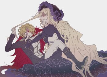 2girls black_boots black_coat black_ribbon blonde_hair boots coat don_quixote_(project_moon) dress dulcinea_(project_moon) gold_trim grabbing_another&#039;s_hair hat highres holding_another&#039;s_hair jacket juliet_sleeves limbus_company long_hair long_sleeves multiple_girls open_mouth pants parted_bangs project_moon puffy_sleeves purple_dress purple_hat red_eyes ribbon sancho_(project_moon) short_hair simple_background v9sk51z6jxquzom very_long_hair white_background white_jacket white_pants