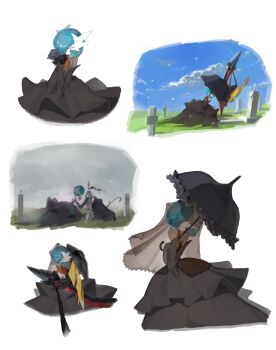 Rule 34 | aegislash, alternate color, black dress, black gloves, colored skin, commentary request, dress, elbow gloves, gardevoir, gen 3 pokemon, gen 6 pokemon, gloves, graveyard, hair over one eye, hakumogera, highres, holding, holding shield, holding umbrella, mega gardevoir, mega pokemon, multiple views, nintendo, one-eyed, orange eyes, parasol, pokemon, pokemon (creature), shield, shiny pokemon, sword, tombstone, umbrella, weapon, white skin