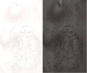 Rule 34 | 1boy, knight, male focus, monochrome, multiple views, original, sicklebx, sketch, split screen, sword, weapon, white background
