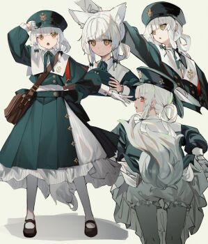 1girl animal_ear_fluff animal_ears bag bloomers blunt_bangs bow bowtie brown_bag collared_shirt dress extra_ears fox_ears fox_girl fox_tail frilled_skirt frills full_body gloves green_bow green_bowtie green_dress green_hat green_skirt hat highres mary_janes medium_skirt multiple_views nagishiro_mito original pantyhose pleated_skirt satchel shirt shoes sidelocks simple_background skirt tail underwear white_background white_bloomers white_gloves white_hair white_pantyhose white_shirt white_tail yellow_eyes