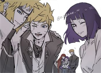 3boys 3girls arm_around_shoulder blonde_hair blue_eyes bob_cut boruto:_two_blue_vortex breasts facial_mark family father_and_daughter forehead_protector grandfather_and_grandson grandmother_and_granddaughter hands_in_pockets highres hug hug_from_behind hyuuga_hinata konohagakure_symbol large_breasts mother_and_son multiple_boys multiple_girls namikaze_minato naruto_(series) naruto_shippuuden notane_n one_eye_closed purple_eyes purple_hair scar scar_across_eye scar_on_face time_paradox twitter_username uzumaki_boruto uzumaki_himawari uzumaki_kushina uzumaki_naruto whisker_markings