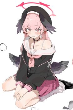 1girl black_hat black_shoes black_wings blue_archive blush closed_mouth feathered_wings halo hat koharu_(blue_archive) leg_warmers long_sleeves looking_at_viewer low_twintails mini_wings neckerchief off_shoulder own_hands_together pink_eyes pink_hair pink_neckerchief pink_skirt pleated_skirt sailor_collar shoes simple_background sitting skirt solo twintails wariza white_background white_leg_warmers white_sailor_collar wings yamanonba