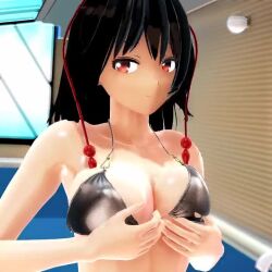 1girl 3d animated black_hair bouncing_breasts breasts cleavage looking_at_viewer medium_breasts mofumoko5 red_eyes shameimaru_aya solo tagme thighs touhou video