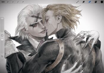 Rule 34 | 2boys, art program in frame, black eyes, blonde hair, closed eyes, commentary, cracked skin, dr. stone, hashtag-only commentary, highres, lips, male focus, multiple boys, nose, realistic, shadowlove67420, short hair, stanley snyder (dr.stone), upper body, white hair, xeno (dr.stone), yaoi