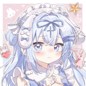 1girl absurdres animal_ears blue_hair blue_ribbon blue_shirt blush closed_mouth crossed_bangs double-parted_bangs floppy_ears frilled_hairband frills hair_between_eyes hair_ribbon hairband highres long_hair looking_at_viewer lu_yue_bai one_side_up original portrait rabbit_ears rabbit_girl ribbon shirt solo watermark white_hairband x_fingers