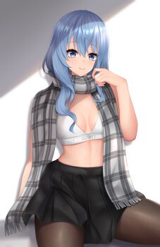 1girl absurdres aqua_eyes black_skirt blue_hair bra breasts brown_pantyhose clothes_writing commentary eyelashes grey_scarf highres hololive hoshimachi_suisei long_hair no_shirt pantyhose plaid_clothes plaid_scarf popcornflakes scarf sitting skirt smile solo stomach underwear virtual_youtuber white_bra