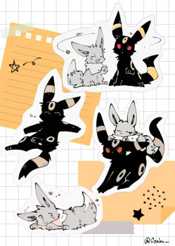 Rule 34 | abstract background, alternate color, animal focus, black fur, closed eyes, closed mouth, colored sclera, eevee, gen 1 pokemon, gen 2 pokemon, grey fur, highres, lying, multiple views, nintendo, no humans, on back, on stomach, open mouth, pokemon, pokemon (creature), pokemon focus, red sclera, shiny pokemon, sketch, sleeping, smile, umbreon, zugvogel 0525