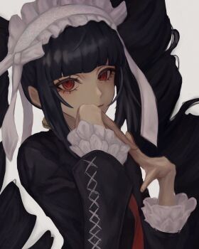 Rule 34 | 1girl, black hair, black jacket, bonnet, celestia ludenberg, commentary request, danganronpa: trigger happy havoc, danganronpa (series), drill hair, earrings, frills, gothic lolita, highres, jacket, jewelry, kyomu-shoku, lolita fashion, long hair, long sleeves, looking at viewer, necktie, red eyes, red necktie, smile, solo, twin drills, twintails